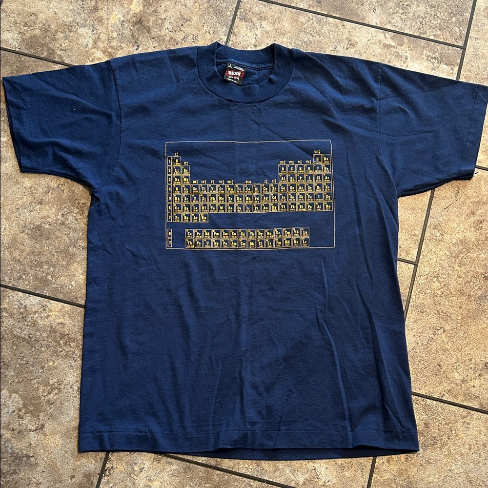 Vintage Navy Blue Periodic Table of Elements Single T-Shirt with Gold Graphic